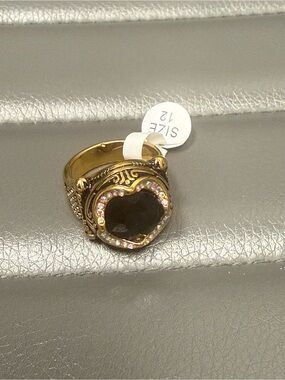 Gold Heart Ring with Black Center and Crystal Halo